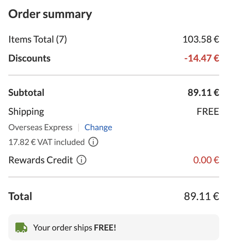 iHerb cart page with cost breakdown