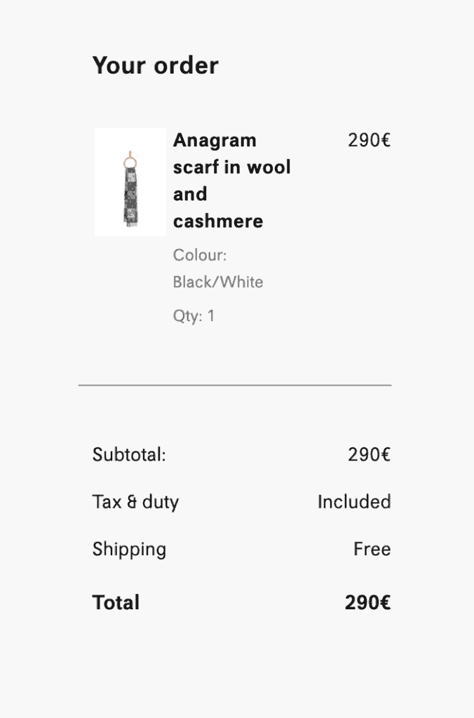 Loewe, a Spanish luxury fashion brand - cart page with order info
