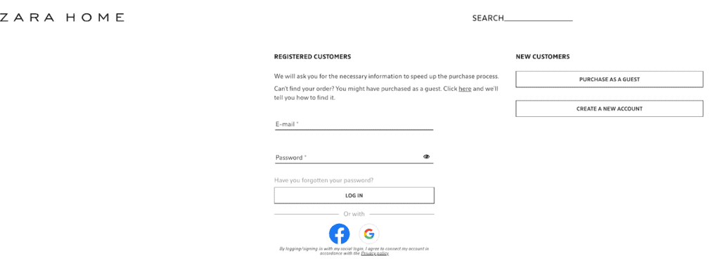 Zara home, account screen