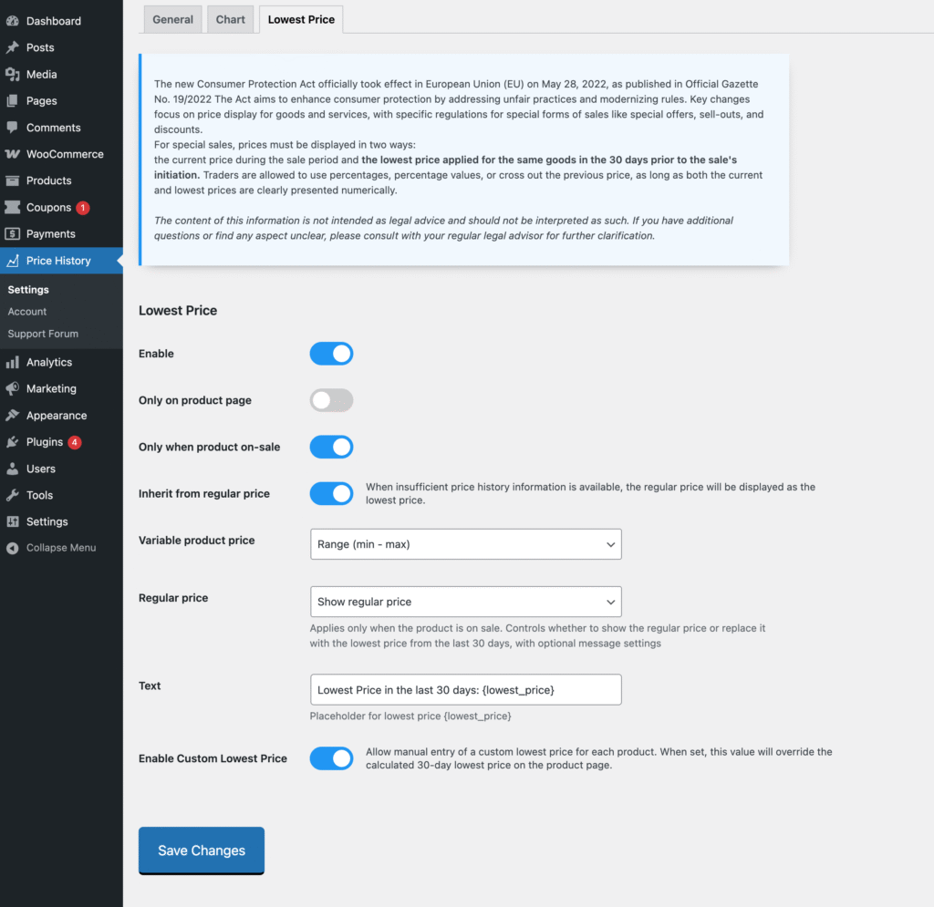 Lowest Price in the last 30 days settings