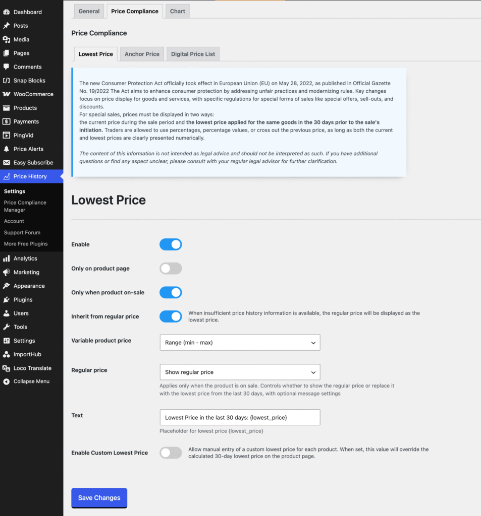 Lowest Price in the last 30 days settings
