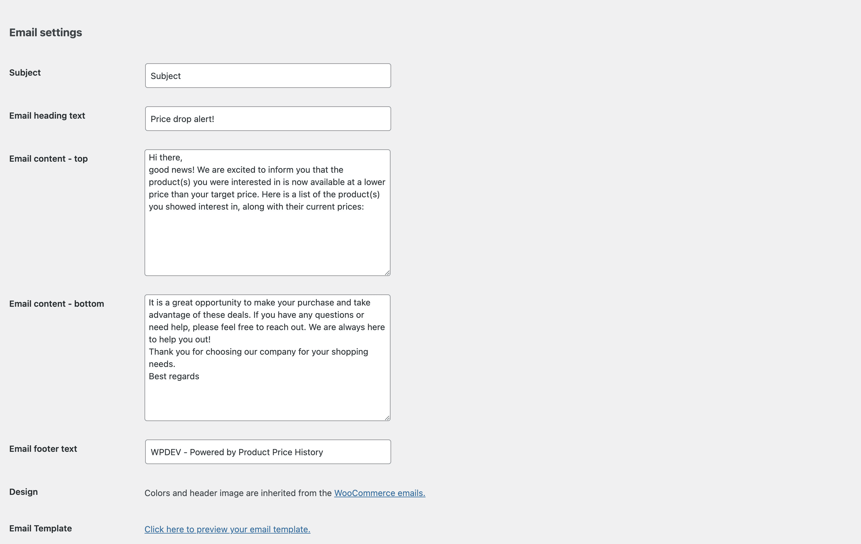 Price Alerts - email template settings and customization