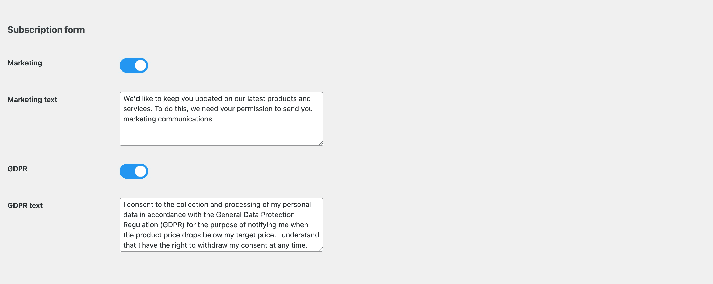 Price Alerts - subscription form settings