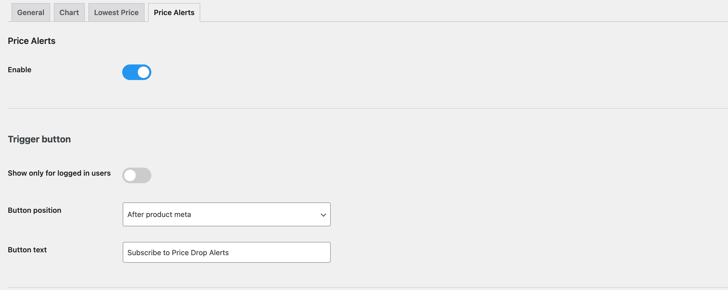 Price Alerts - trigger button settings