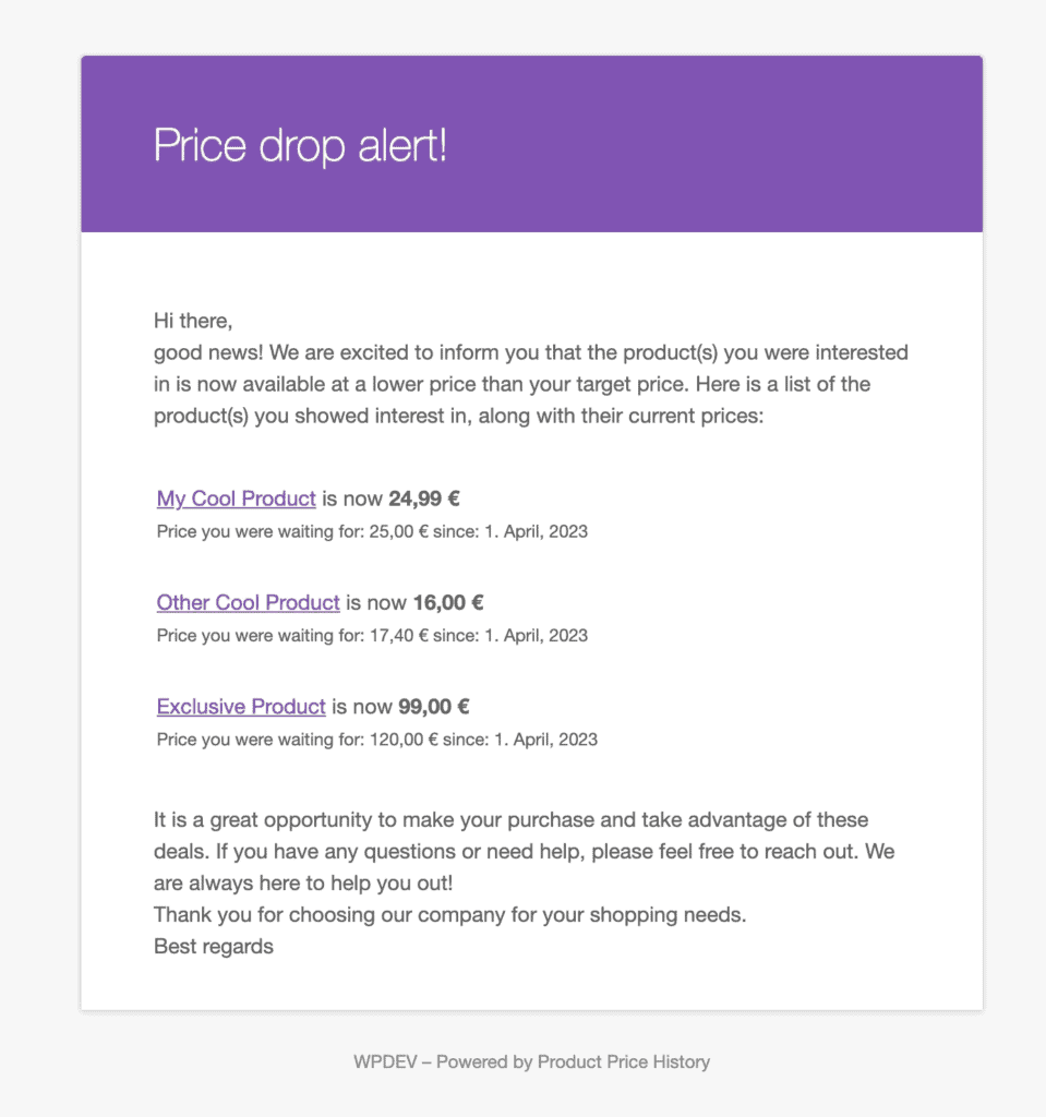 Price drop alert email template
