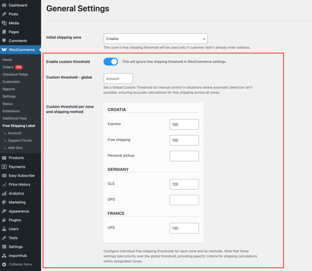 Free Shipping label and progress bar for woocommerce - custom free shipping threshold