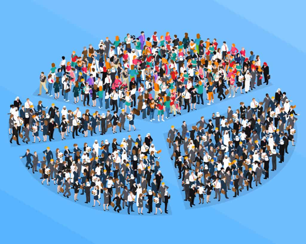 Colored crowd people isometric pie chart composition with people who organized flash mob vector illustration