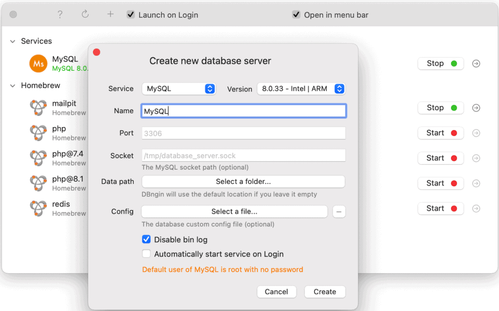 DBngin MySQL database service