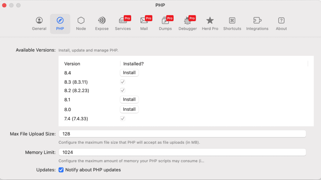 Laravel Herd - PHP settings