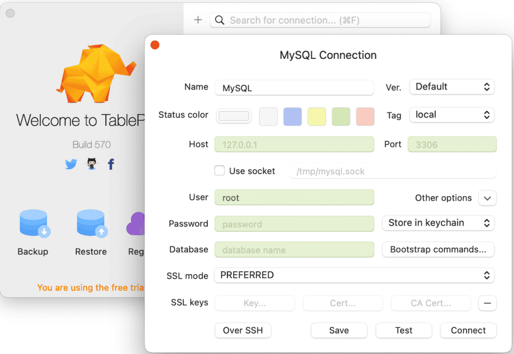 TablePlus - MySQL connection with DBngin