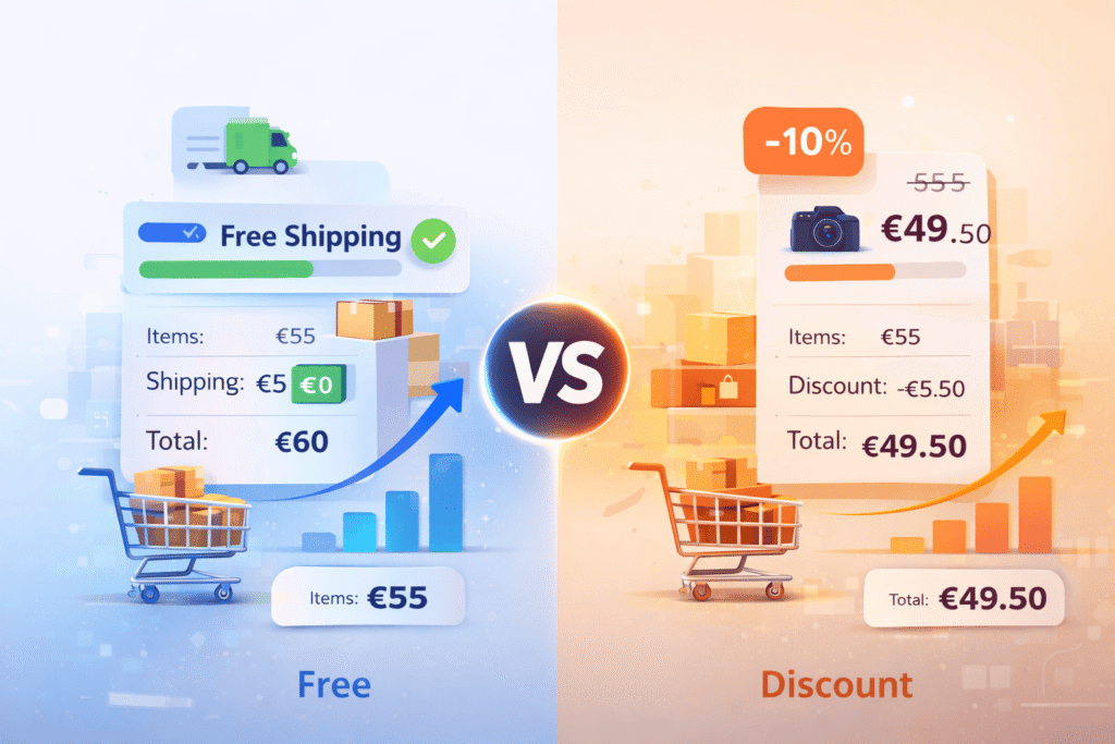Free shipping vs discounts comparison showing how free shipping increases average order value in WooCommerce