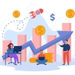 Success startup managers working near growth profit chart financial achievement work progress rocket