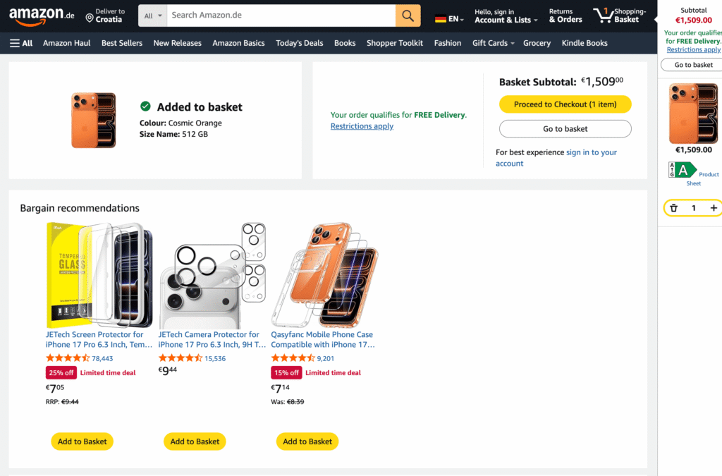 Cross-sell example: iPhone 17 pro max on the Amazon