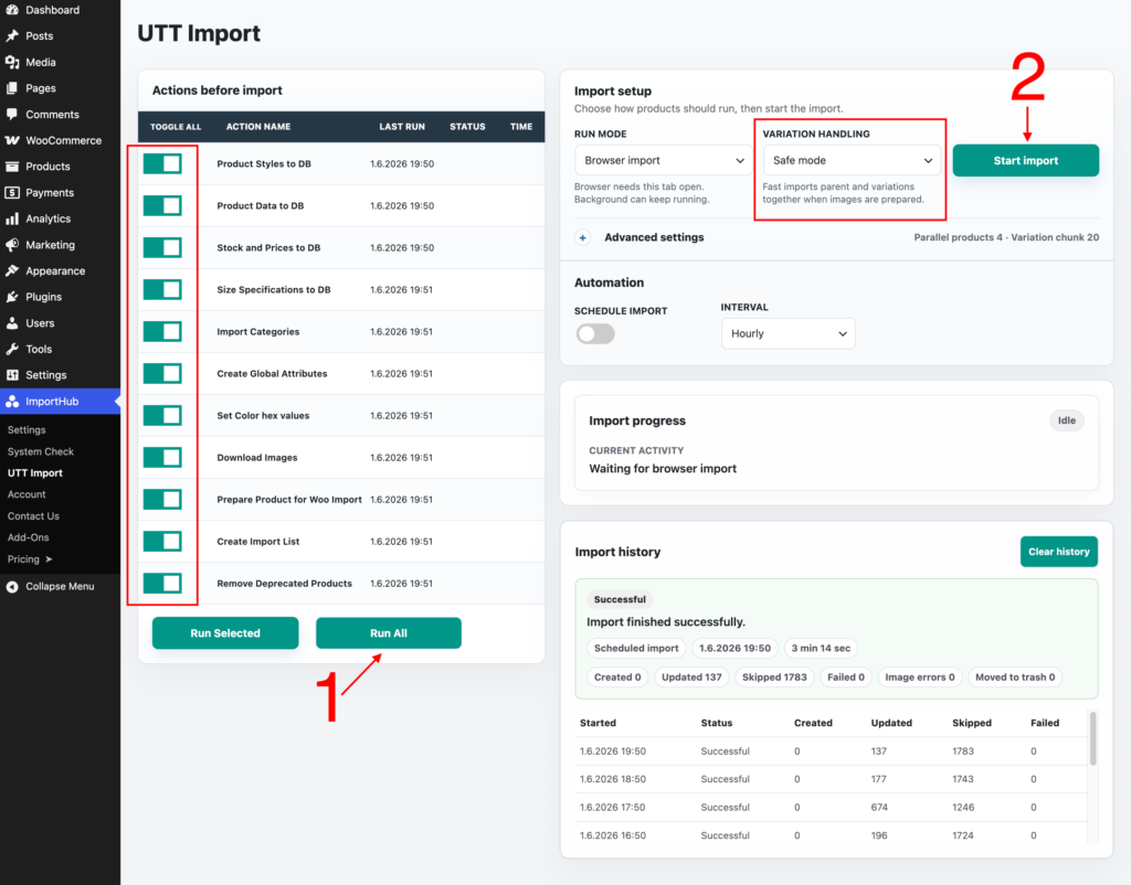 UTT Import - first import settings