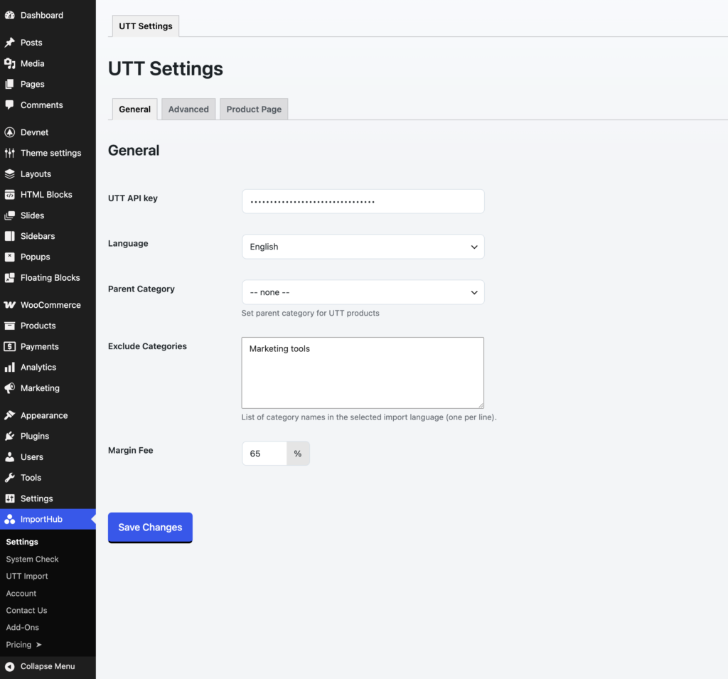 Utt Import - General settings page for connection with UTT Europe API