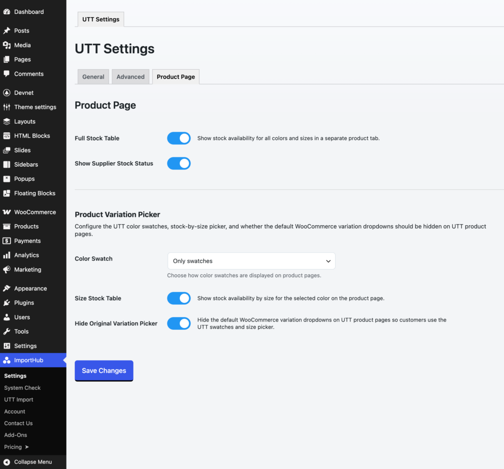 UTT Import - Product Page Settings