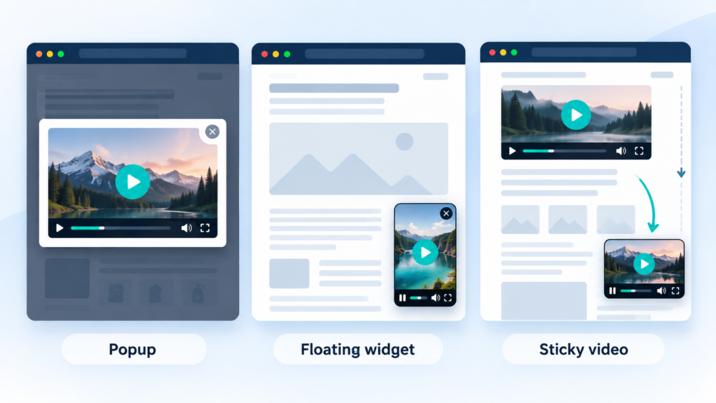 Diagram comparing three WordPress video patterns: a blocking popup, an independent floating corner widget, and a sticky video that detaches from inline content while scrolling