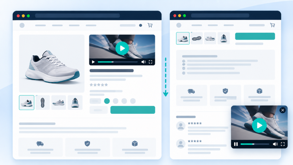 A WooCommerce product page where a demo video keeps playing in the corner while the shopper scrolls through specs and reviews