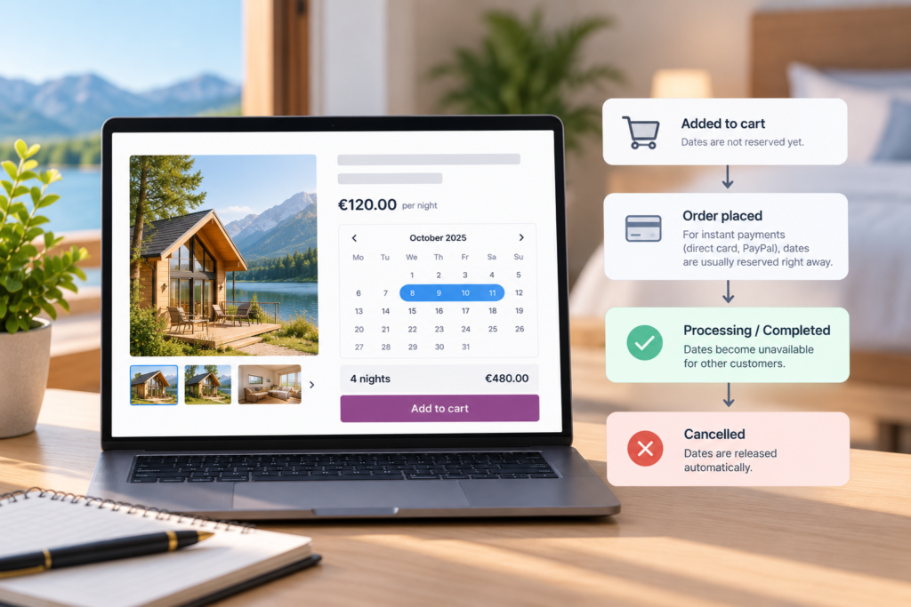 WooCommerce booking calendar showing selected dates and the order status workflow