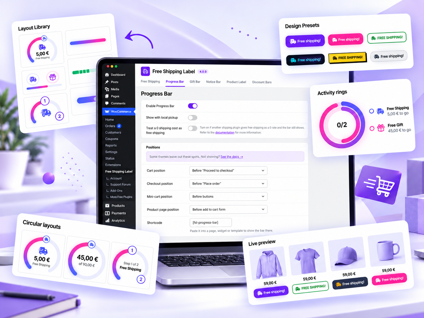 Free Shipping Label 4.0 showcasing redesigned WordPress settings, progress bar presets, circular layouts and free shipping labels.