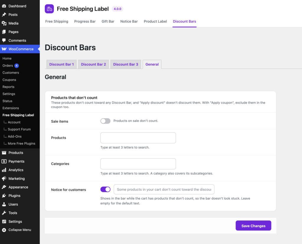 FSL Discount add-on settings for excluding sale items, selected products and categories from discount calculations.
