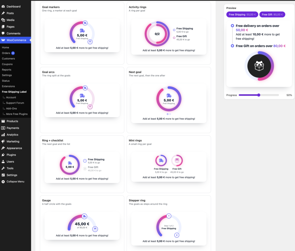 Circular progress bar layouts featuring animated rings, goal markers, gauges and multiple reward indicators.