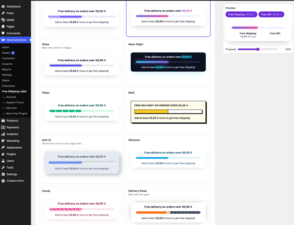 Gallery of ready-made free shipping progress bar designs with different colors, gradients, animations and visual styles.