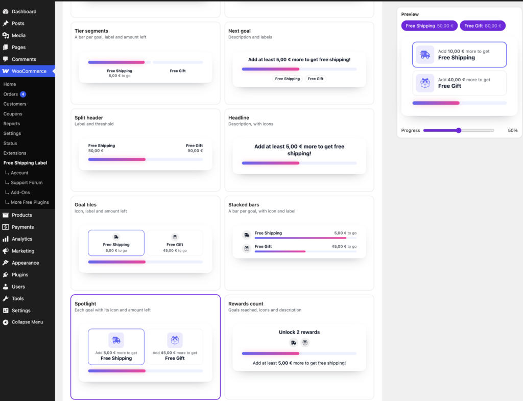 Multi-goal progress bar layouts displaying free shipping and free gift rewards using tiles, stacked bars and other arrangements.