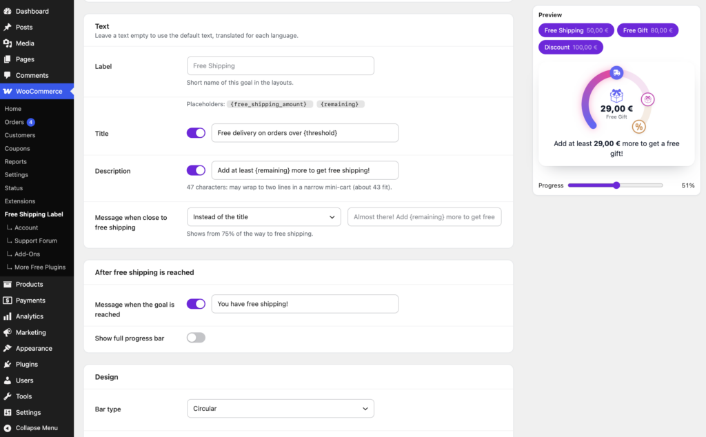 Customizable free shipping messages with live preview showing free shipping, gift and discount goals.