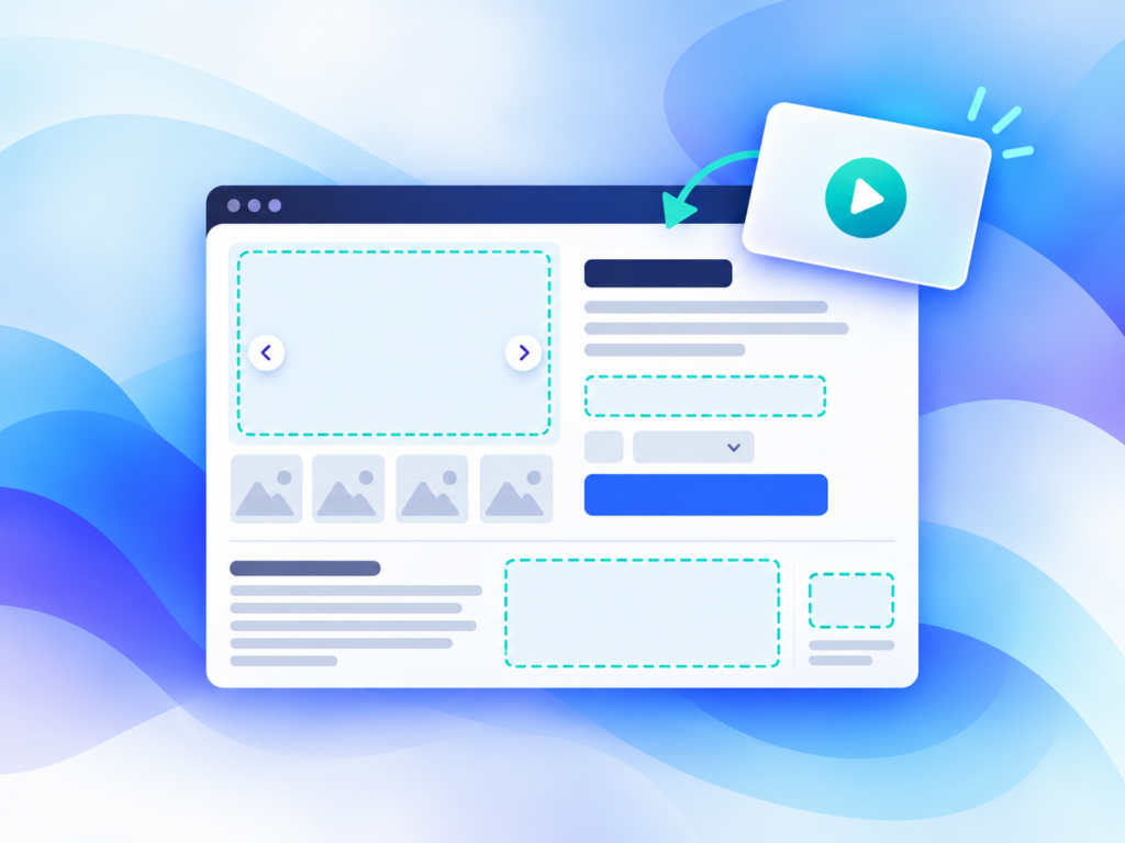WooCommerce product page showing several possible video placements in the gallery, product summary, description, and floating corner