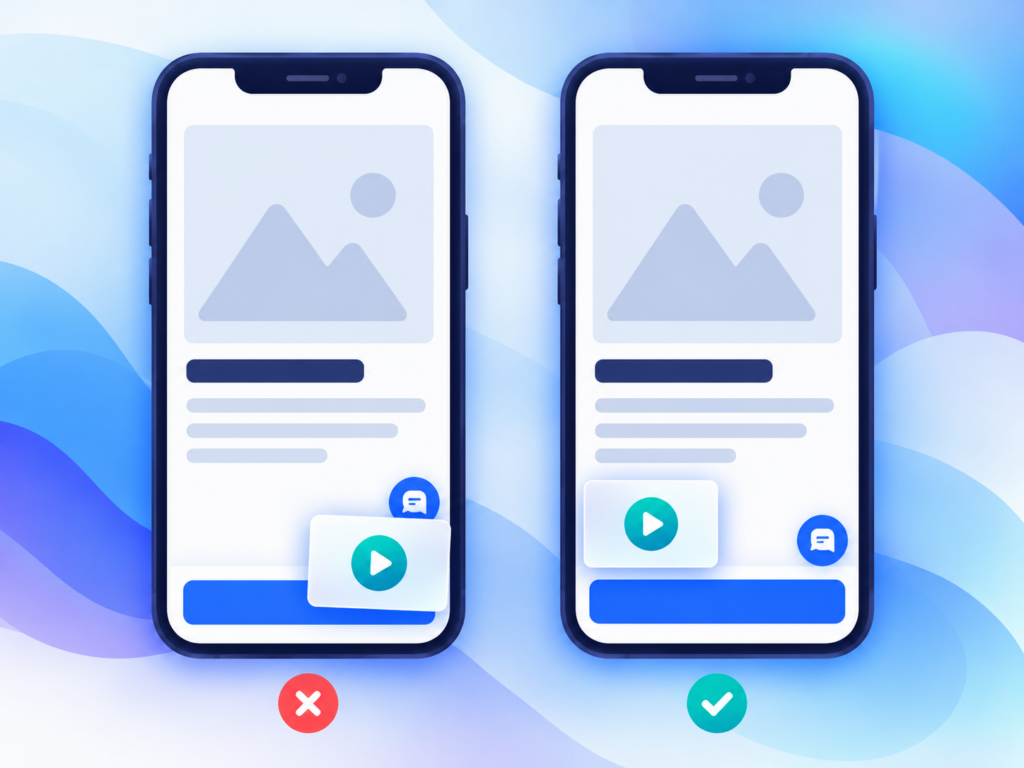 1. Two mobile product pages comparing a floating video that blocks the add-to-cart area with one placed safely above it